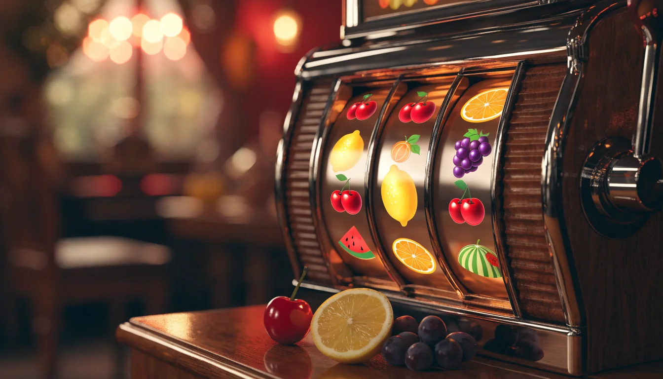 Tragaperras clásica de frutas iluminada en un salón de juegos con ambiente español