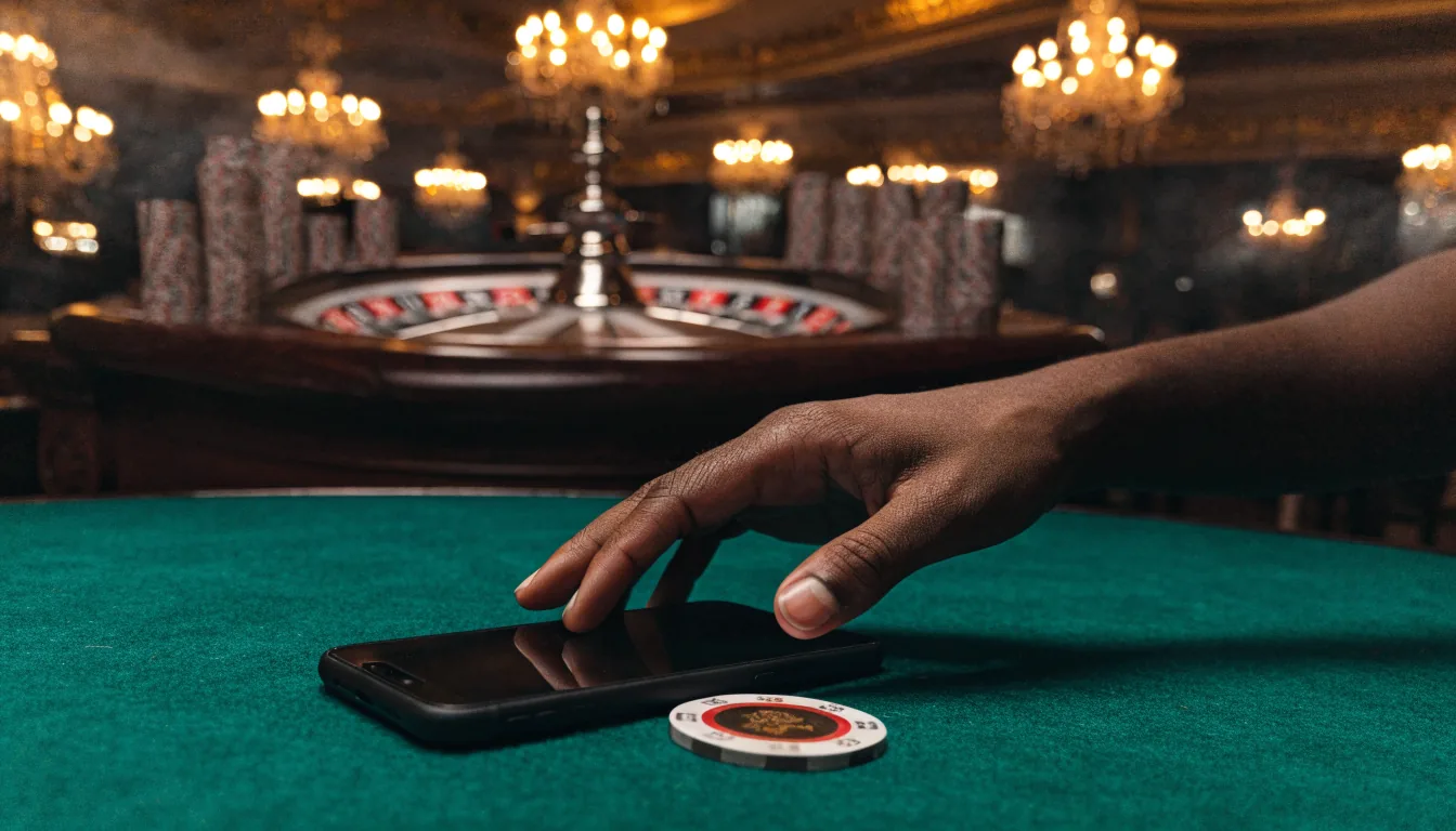 Mano junto a un teléfono y ficha de casino en mesa de fieltro verde