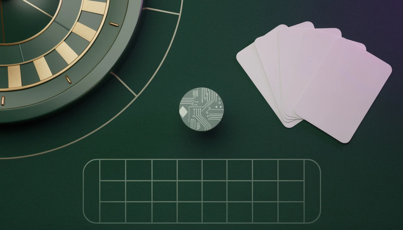 Mesa de juego abstracta con elementos de blackjack, ruleta y baccarat sobre fondo cripto