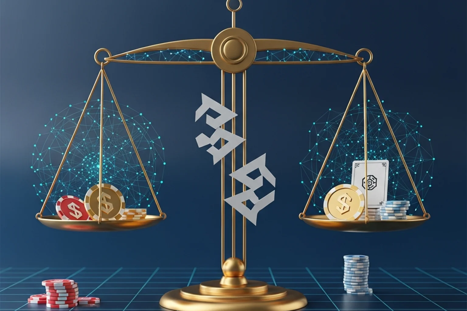 Símbolo de balanza legal sobre fondo digital con elementos cripto