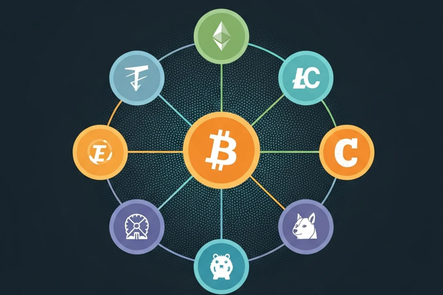 Mapa visual de las criptomonedas más usadas en casinos online: BTC, ETH, USDT, LTC, DOGE, SOL, BNB