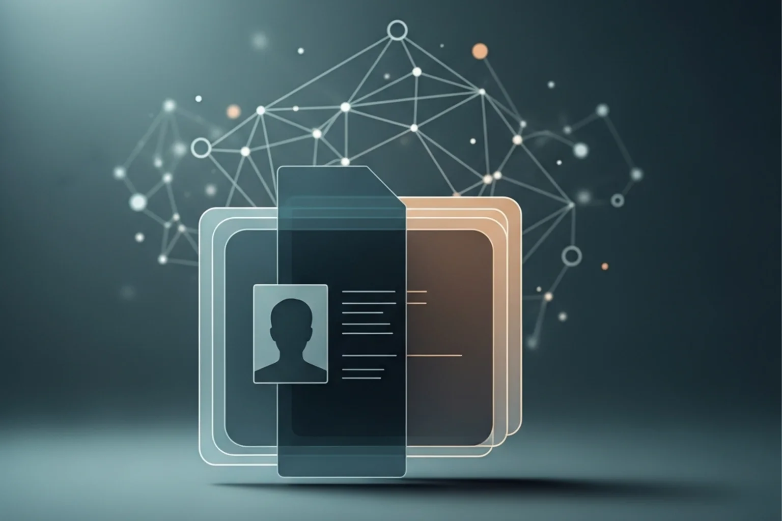 Documentos de identidad sobre fondo abstracto con líneas de red, simbolizando el debate KYC