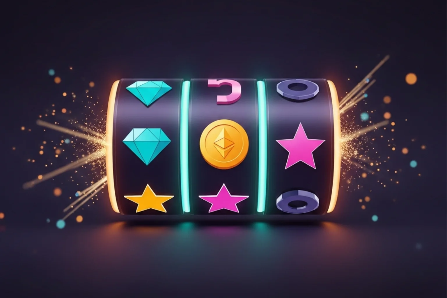 Tragamonedas estilizada con elementos Bitcoin y rodillos abstractos
